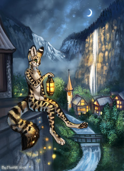 4_toes anthro biped breasts detailed_background digitigrade feet female fur lamp lantern moon night outside sitting sky smile solo star starry_sky striped_body striped_fur stripes toes flashw felid feline mammal serval 2019 digital_media_(artwork) hi_res