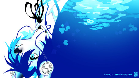 alphi.the.racc anthro clothed clothing electronics headphones male simple_background solo water minato_arisato canid canine canis domestic_dog mammal 16:9 hi_res widescreen