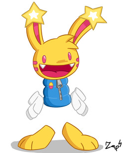 anthro barefoot blue_clothing blue_topwear clothing fangs feet fur gloves hair handwear male messy_hair sharp_teeth solo star teeth topwear yellow_body yellow_fur zaptor37 spectacular_sparky_(video_game) sparky_(spectacular_sparky) lagomorph leporid mammal rabbit