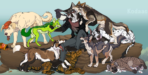 ambiguous_feral ambiguous_gender animal_genitalia animal_penis anthro balls bite black_clothing black_jacket black_sheath_slit black_topwear blue_eyes brown_body brown_eyes brown_fur canine_genitalia canine_penis cheek_tuft chest_tuft closed_sheath_slit clothed clothing eyewear facial_tuft feral floppy_ears front_view fully_sheathed fur genitals glasses glistening glistening_eyes green_body green_fur group jacket leg_tuft lying male male_anthro male_feral neck_tuft on_front on_side open_mouth orange_eyes penis pink_sheath_slit round_glasses sheath sheath_slit side_view sitting tan_body tan_fur tongue tongue_out topwear tuft white_body white_fur kodaac avian canid canine canis domestic_dog hyena mammal robot_feral hi_res