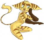 anthro balls biped clothing erection fur genitals gloves green_eyes handwear male mostly_nude penis pose simple_background sitting smile solo tongue tongue_out daxratchet ratchet_and_clank sony_corporation sony_interactive_entertainment ratchet_(ratchet_and_clank) lombax mammal