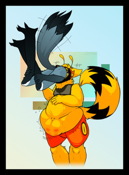 abdominal_bulge antennae_(anatomy) anthro black_border blue_body border digitigrade duo ears_back feathers feet fur glowing glowing_eyes hand_on_belly hand_on_leg head_first machine male male/male male_pred markings navel neck_bulge nude obese obese_male oral_vore overweight overweight_male pivoted_ears protogen_armor protogen_visor rumbling_stomach same_size_vore soft_vore standing striped_markings striped_tail stripes swallowing swallowing_sound_effect tail tail_feathers tail_markings tail_motion tailwag talons three-quarter_view toes tuft vore yellow_body conditional_dnp electricpants138456 hellaverse helluva_boss stolas_(helluva_boss) arthropod avian bee bird demon goetia hybrid hymenopteran insect owl owl_demon protogen 2024 colored digital_drawing_(artwork) digital_media_(artwork) hi_res