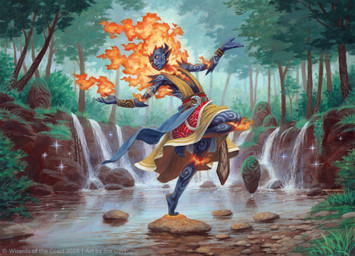 ambiguous_gender blue_body fire forest humanoid_pointy_ears lake magic not_furry on_one_leg outside plant pointy_ears rock solo sparkles standing tree waterfall caraid hasbro magic:_the_gathering wizards_of_the_coast ashling_(magic:_the_gathering) elemental_creature elemental_humanoid fire_creature humanoid 2026 official_art female_(lore)