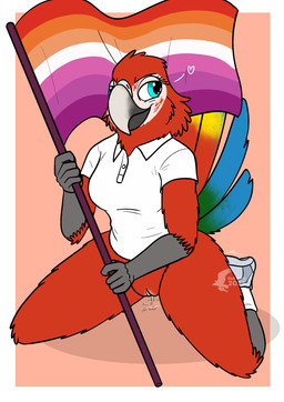 anthro bodily_fluids bottomless breasts casual_exposure clothed clothing collared_shirt female footwear genital_fluids genitals lesbian_pride_colors lgbt_pride polo_shirt pride_color_flag pride_colors red_body shirt shoes sitting sneakers socks solo teal_eyes topwear vaginal_fluids vulva wariza fish_birb samantha_(fish_birb) ara_(genus) avian bird macaw neotropical_parrot parrot red-and-green_macaw scarlet_macaw true_parrot absurd_res hi_res