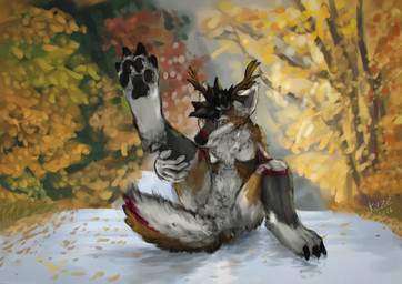 anthro blurred_background claws falling_leaves leaf licking looking_at_viewer male paws raised_leg road self_lick sitting street tail tongue el_kyze jari_(jarithedeer) hybrid hi_res