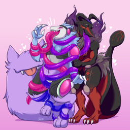4_fingers anthro big_tail black_body blep blue_body blue_fur blush blush_lines duo fingers fur heart_symbol hearts_around_head living_tail looking_pleasured machine male male/male open_mouth pink_eyes purple_body purple_fur red_body red_eyes restrained restrained_arms restrained_by_tentacles restrained_legs standing tail tail_mouth tentacle_tongue tentacles tongue tongue_out unusual_anatomy unusual_tail veiny_belly jest56 nintendo pokemon cisco_(redstonecanis) generation_6_pokemon greninja pokemon_(species) protogen 2025 digital_drawing_(artwork) digital_media_(artwork) english_description hi_res