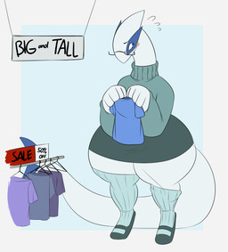 anthro blue_eyes clothes_hanger clothing digitigrade embarrassed eyewear female footwear glasses holding_clothing holding_object holding_shirt holding_topwear looking_aside sale_sign shirt simple_background socks solo standing sweater tail text thick_thighs topwear white_background white_body wide_hips robertge nintendo pokemon generation_2_pokemon legendary_pokemon lugia pokemon_(species) 2026 digital_media_(artwork) english_text hi_res