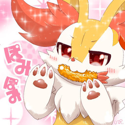 3_fingers :3 abstract_background ambiguous_anthro ambiguous_gender anthro arm_tuft biped blush blush_lines cheek_tuft chest_tuft claws eyebrows facial_tuft finger_claws fingerpads fingers food food_in_mouth front_view fur handpaw hands_up inner_ear_fluff looking_at_viewer multicolored_body multicolored_fur nude_ambiguous nude_anthro onomatopoeia orange_body orange_fur orange_inner_ear_fluff orange_nose pawpads paws pink_pawpads pointy_ears prick_ears red_eyes shoulder_tuft shrimp_(food) solo sound_effects sparkles standing text tuft white_body white_fur yellow_body yellow_fur quail_00n0 nintendo pokemon braixen canid generation_6_pokemon mammal pokemon_(species) 1:1 2021 bust_portrait cel_shading colored digital_drawing_(artwork) digital_media_(artwork) japanese_description japanese_text portrait shaded signature
