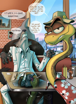 animal_genitalia animal_penis anthro anthro_on_feral anthro_penetrating anthro_penetrating_feral balls bestiality beverage bodily_fluids bottomwear brown_body canine_genitalia canine_penis claws clenched_teeth cloacal cloacal_knotting cloacal_penetration clothed clothed_feral clothed_sex clothing coffee coffee_mug cum cum_in_cloaca cum_inside dialogue diner duo erection eyes_closed feral feral_penetrated finger_claws floral_print forked_tongue fur genital_fluids genitals grey_balls grey_body grey_fur grey_sheath half-closed_eyes inside knot knotted_penis knotting male male/male male_anthro male_feral male_on_feral male_penetrated male_penetrating male_penetrating_male multicolored_body narrowed_eyes open_bottomwear open_clothing open_pants pants penetration penile penile_penetration penis penis_in_cloaca public public_sex pumping_cum red_clothing red_penis red_shirt red_topwear restaurant sex sheath shirt smile speech_bubble stealth_sex teeth text tongue tongue_out topwear under_table white_clothing white_shirt white_topwear yellow_body tush_(artist) dreamworks the_bad_guys mr._snake_(the_bad_guys) mr._wolf_(the_bad_guys) canid canine canis mammal reptile scalie snake wolf absurd_res english_text hi_res