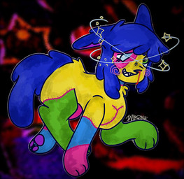 autopsy_scar balancing blood bodily_fluids dizzy female feral fur heterochromia multicolored_body multicolored_fur nosebleed pawpads paws raised_paw scar sewn_together smile solo standing star young deadpuppy canid canine mammal undead zombie hi_res