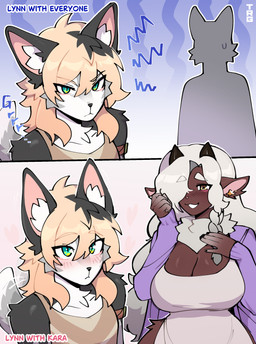 anthro biped blush breasts clothed clothed_anthro clothed_female clothed_male clothing duo female fingers fur hair male smile tail teeth text thericegoat bovid canid canine canis caprine mammal sheep wolf 2026 absurd_res digital_drawing_(artwork) digital_media_(artwork) english_text hi_res