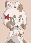 anthro areola breasts buckteeth exposed_breasts eyebrows female green_eyes heart_symbol mottled navel nipples nude small_ears solo standing teeth thick_eyebrows erisrenatus lagomorph leporid mammal rabbit