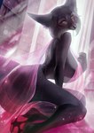 anthro big_breasts big_butt black_body black_fur breasts butt female fur solo translucent juliathedragoncat canid canine fox mammal 2022 hi_res