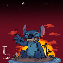 3_toes 4_fingers blue_body blue_fur blue_nose blue_pawpads feet fingers flower fur gesture grin head_tuft hibiscus island looking_at_viewer narrowed_eyes notched_ear pawpads plant smile solo squint sunset text toes tuft water waving marcel_farrell disney lilo_and_stitch stitch_(lilo_and_stitch) alien aquatic experiment_(lilo_and_stitch) fish 1:1 2020 english_text hi_res signature