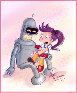 bottomwear clothing duo female hair happy machine male male/female open_mouth purple_hair red_bottomwear red_clothing red_skirt skirt missfuturama comedy_central futurama bender_bending_rodríguez fan_character human humanoid mammal robot robot_humanoid