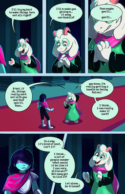 3_toes 4_fingers anthro armor barefoot blue_body cape clothing dark_hair dialogue duo eyes_closed eyewear feet fingers fur glasses hair hair_over_eye hands_together head_tuft horn long_ears looking_at_another male pawpads pillar red_carpet red_eyes robe scarf shirt smile speech_bubble standing talking_to_another text toes topwear tuft tunic white_body white_fur lynxgriffin deltarune undertale_(series) kris_dreemurr ralsei bovid caprine darkner goat human mammal comic english_text hi_res shaded