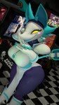 anthro big_breasts blue_body blue_fur bottomwear breasts cable_tail clothed clothing curled_tail female fur gloves glowing handwear jacket looking_at_viewer machine open_mouth smile smiling_at_viewer solo tail text thick_thighs tongue topwear atomicsopp_sfm cryptiacurves_(modeler) deltarune undertale undertale_(series) tasque_manager darkner domestic_cat felid feline felis mammal robot 2023 3d_(artwork) absurd_res digital_media_(artwork) hi_res source_filmmaker_(artwork)