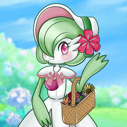 blush bonnet chibi clothing female flower flower_accessory flower_basket gesture headgear headwear holowear_(pokemon) plant solo waving rracchan nintendo pokemon pokemon_unite fashionable_style_gardevoir gardevoir generation_3_pokemon humanoid pokemon_(species) 1:1