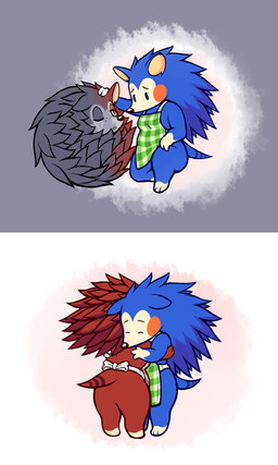 anthro apron apron_only blue_body bodily_fluids brown_body clothing crying curled_up duo eye_contact eyes_closed female grey_background headpat hug looking_at_another mostly_nude simple_background standing tears white_background worried guywiththepie animal_crossing nintendo mabel_able sable_able eulipotyphlan hedgehog mammal 2022 3:5 hi_res sibling_(lore) sister_(lore) sisters_(lore)