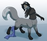 after_transformation black_hair black_nose breasts clothing female fur grey_body grey_fur hair naturally_censored shirt simple_background smile solo standing topwear yellow_eyes oter canid canid_taur canine canine_taur fox fox_taur mammal mammal_taur taur 2020