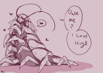 12_limbs antennae_(anatomy) dialogue exoskeleton eyelashes female feral heart_symbol multi_limb question question_mark simple_background solo speech_bubble text ssleepyflowers arthropod crustacean isopod malacostracan 2025 english_text signature