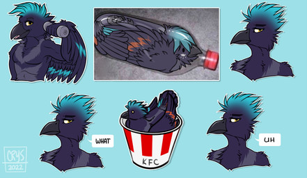 anthro beak black_beak blue_background blue_body blue_feathers dialogue entrapment feathers feral grey_body grey_feathers open_beak open_mouth simple_background solo sticker telegram_sticker text yellow_eyes crystalwhisker kfc avian bird corvid corvus_(genus) crow oscine passerine 2022 digital_drawing_(artwork) digital_media_(artwork) english_text flat_colors signature