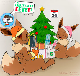 ambiguous_gender beverage candy chocolate christmas_clothing christmas_headwear christmas_tree clothing dessert duo food gift handwear hat headgear headwear holidays hot_chocolate mittens plant santa_hat speech_bubble star tree dallydraws christmas nintendo pokemon dally_doggo eevee generation_1_pokemon pokemon_(species) absurd_res hi_res