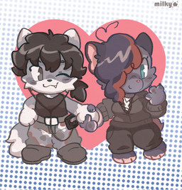 anthro barefoot belt bottomwear camo camo_bottomwear camo_clothing camo_pants camo_print claws clothed clothed_anthro clothing cute_fangs dotted_background duo electronics fangs feet finger_claws footwear front_view fully_clothed fully_clothed_anthro fur grey_body grey_ears grey_eyes grey_fur hair hair_over_eye hand_holding headphones heart_symbol highlights_(coloring) mouth_closed multicolored_body multicolored_fur one_eye_closed one_eye_obstructed pants pattern_background pattern_bottomwear pattern_clothing pattern_pants pink_inner_ear portable_music_player red_highlights romantic shoes simple_background sleeveless_shirt smile standing sweater tail teal_eyes teeth topwear milkypuff pyxel_(sweetpyxel) agouti mammal red_rumped_agouti rodent 2025 full-length_portrait hi_res portrait