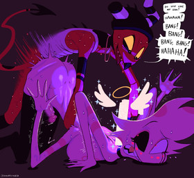 4_arms anal anal_penetration anthro bodily_fluids chest_tuft dark_sclera dialogue duo femboy forced freckles genital_fluids gold_(metal) gold_tooth gun looking_back male male/male male_penetrated male_penetrating male_penetrating_male multi_arm multi_limb penetration precum ranged_weapon rape sex sweat tears text tuft weapon dracreloaded hazbin_hotel hellaverse helluva_boss angel_dust arachnid arthropod demon imp spider absurd_res english_text hi_res
