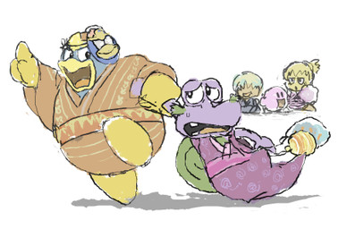 anthro asian_clothing beak blonde_hair blue_body blue_feathers candy clothing cotton_candy dessert east_asian_clothing eye_contact facial_hair feathers female food goatee green_shell hair hair_over_eyes japanese_clothing looking_at_another male mask mature_anthro mature_male multicolored_hair open_mouth orange_body pink_body purple_body shell yellow_beak yellow_body young young_female young_humanoid young_male yukata utyuunekome kirby:_right_back_at_ya! kirby_(series) nintendo escargoon king_dedede kirby tiff_(kirby) tuff_(kirby) alien alien_humanoid avian bird gastropod humanoid mollusk penguin snail waddling_head japanese_description low_res brother_(lore) brother_and_sister_(lore) sibling_(lore) sister_(lore)