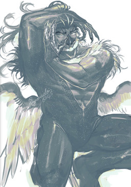 anthro beard body_hair chest_hair clothing eyelashes facial_hair footwear hair happy_trail ice_skates ice_skating long_hair male muscular solo spread_wings wings fuyoudo624 lifewonders tokyo_afterschool_summoners simurgh_(tas) avian bird hi_res