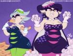 animal_humanoid belly big_breasts breasts callie_(splatoon) candy cephalopod cephalopod_humanoid cleavage clothed clothing dessert dress duo ear_piercing eating fangs female food food_in_mouth gloves handwear hat headgear headwear hot_dog humanoid humanoid_pointy_ears inkling legwear marie_(splatoon) marine marine_humanoid marshmallow mollusk mollusk_humanoid nekocrispy nintendo open_mouth piercing pseudo_hair purple_background signature simple_background slightly_chubby splatoon squid_sisters_(splatoon) stuffing teeth tentacle_hair tentacles text thick_thighs tights url weight_gain wide_hips yellow_eyes