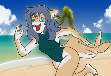 5_toes anthro barefoot beach blurred_background clothing countershade_feet countershading ear_piercing facial_markings feet female forehead_markings hair head_markings humanoid_feet looking_away markings messy_hair multicolored_body one-piece_swimsuit open_mouth outline piercing plantigrade running sea shark_tail smile solo swimwear teeth toes tongueless two_tone_body water whitestellar chelsey_(whitestellar) aquatic fish lemon_shark requiem_shark shark
