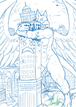 abs anthro beak biceps biped building building_destruction city city_background city_destruction cityscape claws destruction feathered_wings feathers feet finger_claws fingers happy house hug macro macro_anthro macro_male male muscular muscular_anthro muscular_male nude open_mouth outside paws pecs rampage sky smile solo tail toes tongue wings anonymous_artist mythology carpo avian gryphon mythological_avian mythological_creature hi_res