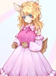 alternative_fashion anthro blonde_hair blue_eyes clothing dress female frilly frilly_clothing frilly_dress hair j-fashion lolita_(fashion) long_dress long_hair looking_at_viewer pink_clothing pink_dress scut_tail short_tail simple_background solo spots tail tan_body white_background white_spots svetkaabdurakhmanova roadkill_(sufficient) deer mammal 2024 shaded soft_shading