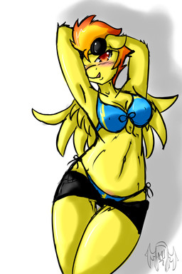 anthro anthrofied blush breasts clothed clothing feathered_wings feathers female looking_at_viewer skimpy solo wings yellow_body yellow_feathers avante92 friendship_is_magic hasbro my_little_pony mythology spitfire_(mlp) wonderbolts_(mlp) equid equine mammal mythological_creature mythological_equine pegasus 2:3 hi_res source_request