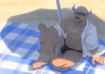 5_fingers abs accessory anthro beach_towel beach_umbrella black_bottomwear black_clothing body_hair bottomwear brown_body brown_fur chest_hair clothed clothing coat facial_hair fingers fur headband horn lab_coat male muscular muscular_anthro muscular_male nipples one_eye_closed parasol sand shadow sitting solo swimwear tail tail_tuft topwear towel tuft katoributa_a lifewonders tokyo_afterschool_summoners shennong_(tas) bovid bovine cattle mammal