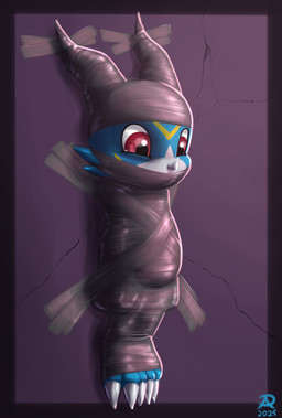 anthro bdsm blue_body bondage bound duct_tape gag male red_eyes solo tape tape_gag taped_arms taped_hands taped_legs taped_mouth taped_to_wall radasus bandai_namco digimon digimon_(species) scalie veemon hi_res
