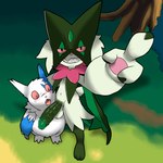 anthro balls blush bodily_fluids drooling duo erection fur genitals grass green_body green_fur high-angle_view male pawpads paws penis plant red_sclera saliva smile standing surprise tree vein veiny_penis white_body white_fur gakineko nintendo pokemon felid feline generation_3_pokemon generation_9_pokemon mammal meowscarada pokemon_(species) zangoose hi_res