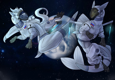 duo earth feral fin horn looking_at_another male planet smile space spacesuit star tail wings lerkodtt mythology lyba_the_aquatic_dragon_(irisiriska) aquatic_dragon dragon fish hybrid marine mythological_creature mythological_scalie scalie absurd_res hi_res