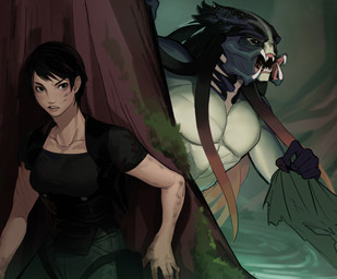 behind_tree black_eyes clothed clothed_female clothed_human clothing dirty duo female female_human hair hiding light_body light_skin male male_humanoid mandibles muscular muscular_humanoid muscular_male nude_humanoid nude_male outside plant pseudo_hair searching sharp_teeth shirt short_hair tactical_gear teeth tentacle_hair tentacles topwear torn_clothing torn_shirt torn_topwear tree water leafjuly predator_(franchise) alien human humanoid mammal yautja colored hi_res