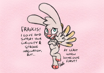 anthro blush breasts caught covering covering_breasts covering_self dialogue embarrassed feathered_wings feathers female fur green_eyes nude offscreen_character scut_tail short_tail solo tail text white_body white_fur wings cake_(artist) angel_hare the_east_patch angel_gabby angel angel_hare_(the_east_patch) hare lagomorph leporid mammal english_text hi_res traditional_media_(artwork)