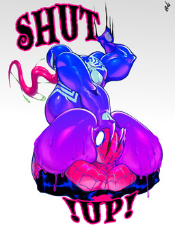 big_breasts big_butt blue_body breasts butt dialogue duo emblem empty_eyes face_in_ass female huge_breasts huge_butt human_on_humanoid interspecies long_tongue male male/female muscular muscular_female muscular_humanoid not_furry sharp_teeth teeth text tongue tongue_out dustyjcircus marvel spider-man_(series) she-venom spider-man_(character) venom_(marvel) alien alien_humanoid human humanoid mammal symbiote absurd_res english_text hi_res