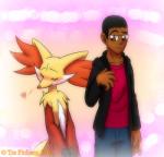 anthro black_body black_skin blush clothed clothing copyright_symbol duo eyes_closed eyewear female fur glasses heart_symbol male outside standing symbol flamewolf22 nintendo pokemon canid canine delphox generation_6_pokemon human mammal pokemon_(species) 2015 low_res signature