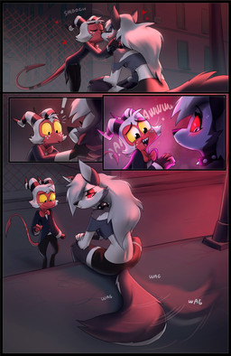 anthro bodily_fluids clothed clothed_anthro clothed_humanoid clothing duo female french_kissing fur hair kissing male red_body red_sclera red_tail sitting standing sweat tail tail_motion tailwag teeth poolpka hellaverse helluva_boss mythology loona_(helluva_boss) moxxie_(helluva_boss) canid canid_demon canine demon hellhound humanoid imp mammal mythological_canine mythological_creature hi_res