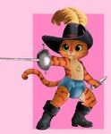 anthro clean_diaper clothed clothing dagger diaper fighting_pose green_eyes hat_feather headgear headwear loose_feather male melee_weapon orange_body pose simple_background solo standing striped_body stripes sword weapon wearing_diaper hammymushpants dreamworks puss_in_boots_(franchise) puss_in_boots_(dreamworks) domestic_cat felid feline felis mammal 2024 digital_drawing_(artwork) digital_media_(artwork)