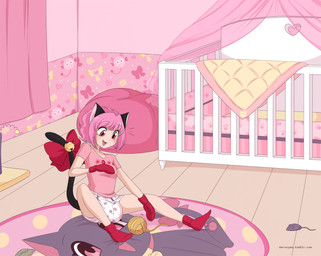 ball_of_yarn bean_bag bow_accessory cat_toy clean_diaper clothed clothing crib curtains detailed_background diaper hair pink_clothing pink_hair pink_room playing rug wearing_diaper yarn merunyaa felid feline humanoid mammal hi_res