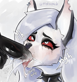 anthro anthro_penetrated blush bodily_fluids collar cum cum_in_mouth cum_inside dark_penis disembodied_penis duo ear_piercing ear_ring eyebrows facial_tuft fellatio female female_anthro female_penetrated fur genital_fluids genitals glistening glistening_genitalia glistening_penis makeup male male/female male_penetrating male_penetrating_female mascara moan notched_ear onomatopoeia oral oral_penetration penetration penile penile_penetration penis penis_in_mouth piercing precum raised_inner_eyebrows red_sclera ring_piercing running_makeup running_mascara sex solo_focus sound_effects spiked_collar spikes sweat tears text tongue tongue_out tongue_out_fellatio tuft white_body white_eyes white_fur tt3trop4ck hellaverse helluva_boss mythology loona_(helluva_boss) canid canid_demon canine demon hellhound mammal mythological_canine mythological_creature 2026 absurd_res hi_res signature