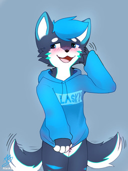 anthro biped black_eyes blue_body blue_clothing blue_eyes blue_fur blue_hair blue_hoodie blue_topwear blush blush_lines bottomless bottomless_anthro bottomless_male clothed clothing fur hair hoodie kemono male shota slim_anthro slim_male solo tail tail_motion tailwag topwear white_body white_fur young young_anthro young_male fur_alasky canid canine canis domestic_dog husky mammal nordic_sled_dog spitz 2021 3:4 hi_res