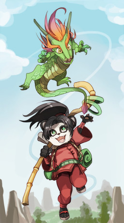 4_fingers 4_toes accessory anthro bedroll belt black_nose bottomwear clothing countershade_face countershading duo feet female feral fingers flying footwear green_belt green_body green_eyes green_scales hair hair_accessory hair_ring horn jumping looking_up_at_another mountain open_mouth orange_hair pants pawpads pink_bottomwear pink_clothing pink_pants pink_shirt pink_topwear plant ponytail ring sandals scales scroll shirt shoes sky smile staff tail teeth toes tongue topwear tree yellow_eyes young young_anthro young_female unknown_artist blizzard_entertainment mythology warcraft li_li_stormstout bear dragon eastern_dragon mammal mythological_creature mythological_scalie pandaren scalie 2016 colored digital_drawing_(artwork) digital_media_(artwork)